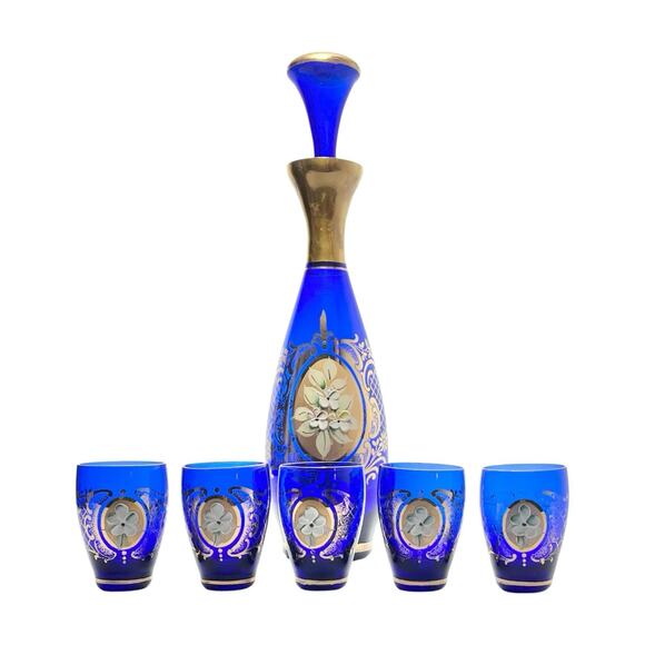 1960s Murano-Style Bohemian Venetian 6-Piece Cobalt Blue Decanter Cordial Set - Picture 1 of 13
